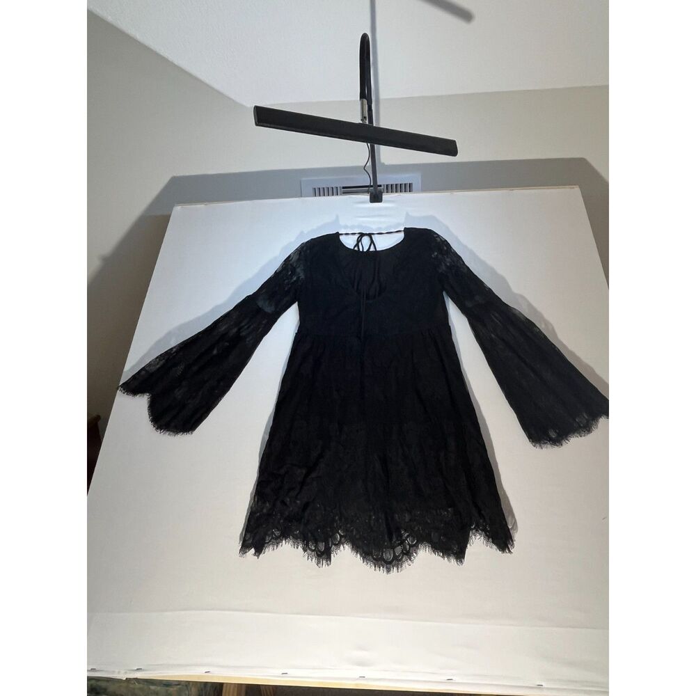 Black Lace Babydoll Mini Dress w/Dramatic Long Sleeve Boho Goth